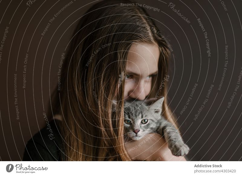 Tender teen girl holding kitten in studio cat embrace teenage tender friend dreamy carefree animal adorable pet thoughtful cute domestic pensive mammal happy