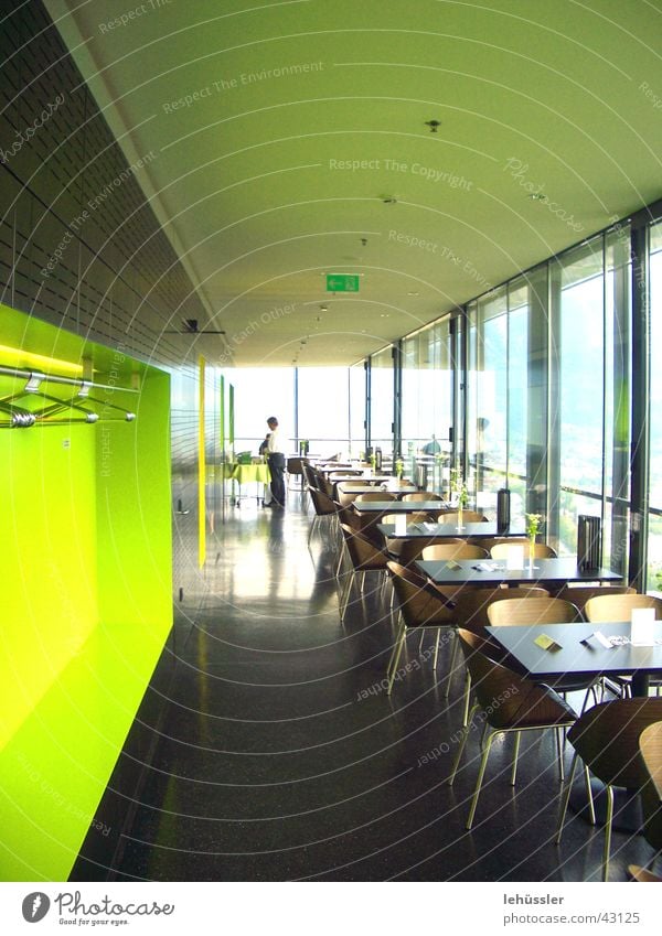 bergisel ski jump Jump Innsbruck Café Tourism Table Counter Window Glittering Green Yellow Ski jump ski-jump Tower Zaha Hadid Chair Smoothness Architecture