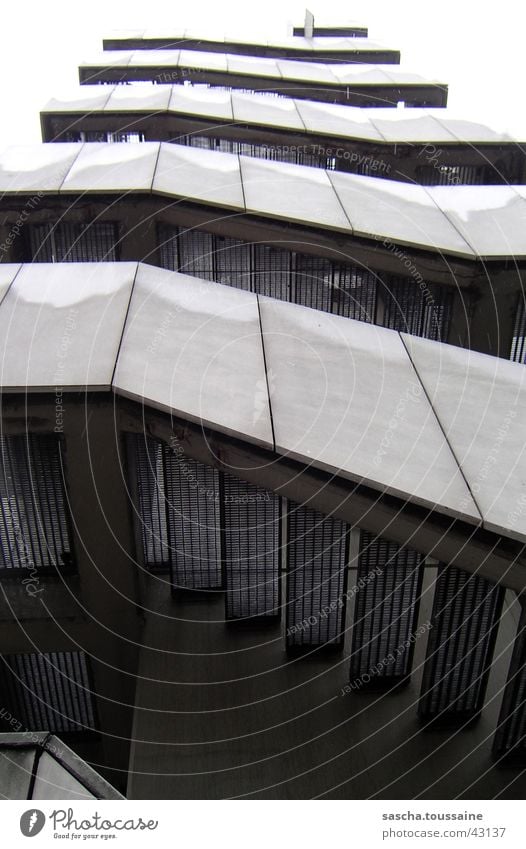 stairway to heaven... or to your car... Go up Parking garage Gray White Gloomy Wet Damp Concrete Iron Steel Architecture Stairs moneymaker Stone Metal