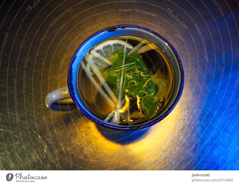 fresh fruity herbal tea without sugar Tea Beverage Healthy Lighting colored Peppermint tea Bird's-eye view well-being warm Hot drink plan Cup Design Herb tea