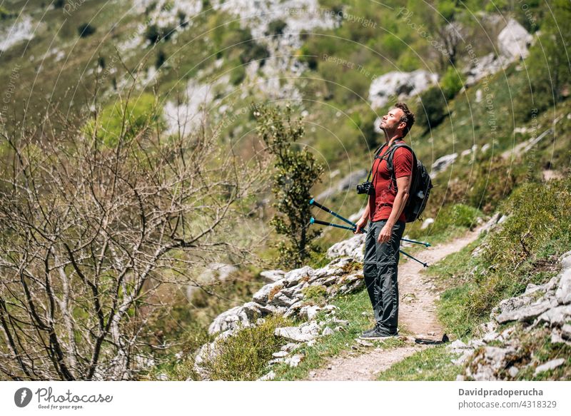 Traveler with backpack and photo camera on rocky slope hiker admire nature trekking pole wildlife landscape travel cliff tourism traveler editorial adventure