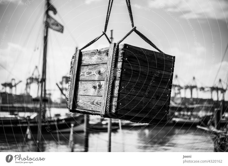 Treasure chest recovered Treasure Chest Crate Wooden box Wooden chest Hiding place Luxury Mysterious mystery secret Day Exterior shot Old Harbour Port City