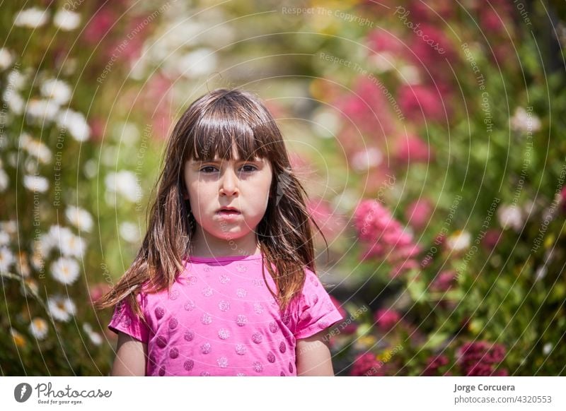 girl in a pink dress surrounded by flowers in nature. The boy is standing on some stairs. floral toddler kid joy innocence fluffy meadow playful multicolored