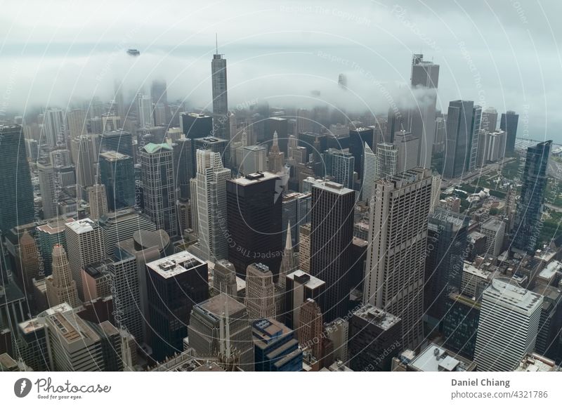 Downtown City Sky View Wide angle City hall cityscape skyscraper mood Moody Clouds foggy Fog Aerial photograph aerial aerial photography aerial view Drone