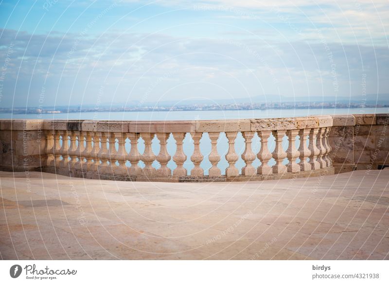 Historic stone parapet in Lisbon , in the background the river Tejo Architecture Stone balustrade outlook rail Round Sky River Vacation & Travel Stone floor