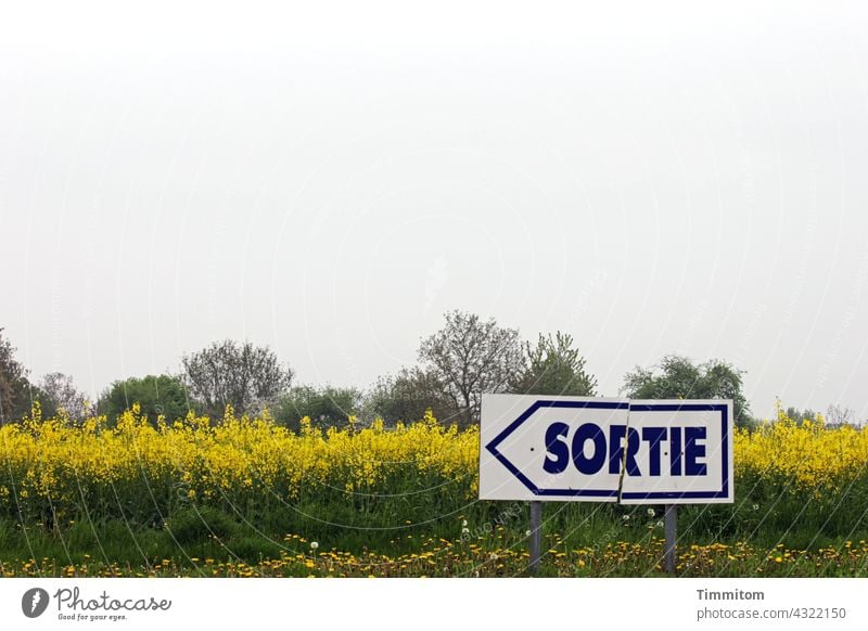 Damaged sign SORTIE - behind it field and trees Signs and labeling Signage Clue Highway ramp (exit) French corrupted Characters Field Nature Sky