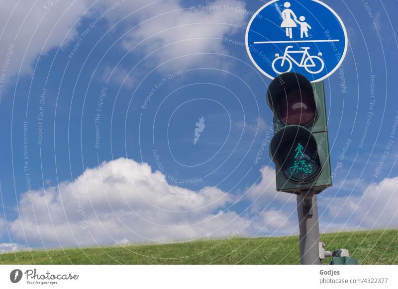 Pedestrian traffic light and street sign in front of blue sky Road sign Signs and labeling Road traffic Safety Lanes & trails Warning sign Signage Transport