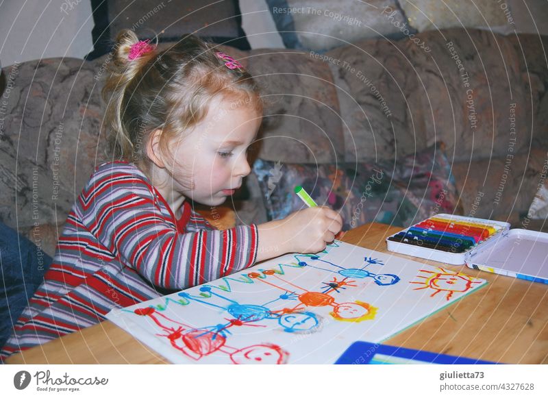 Little girl painting her family | drawn & painted Human being Feminine Child Toddler Girl 3 - 8 years 1 Infancy Blonde Long-haired Colour photo