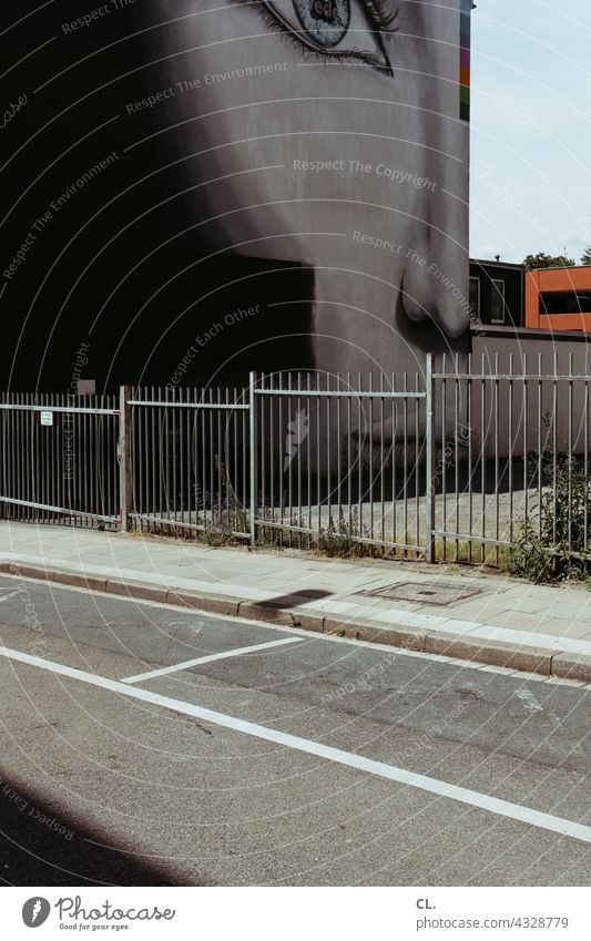 street view Eyes Fence Street Face Wall (building) Mural painting Woman Observe Graffiti Street art Looking street art Art