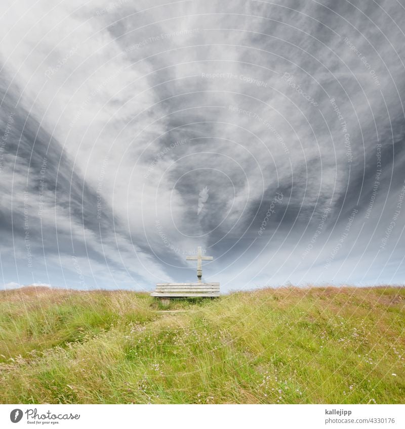 Last resting place Crucifix Bench tranquillity Resting place Dike Meadow Green Sky Clouds Grass Blue Relaxation Exterior shot Nature Break Deserted Christianity