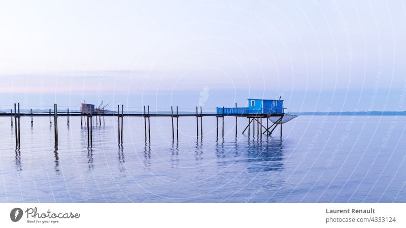 Hut of fishermen in blue sunset France aquitaine atlantic bay cabin charente coast coastal europe fishing hut landscape maritime marsh nouvelle ocean oyster