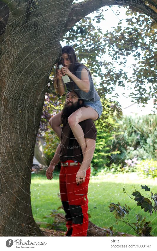 occupied l shoulders to lean on. Tree Man Woman Young woman Young man Couple piggyback care Youth (Young adults) Adults Human being Love Lovers Together Happy