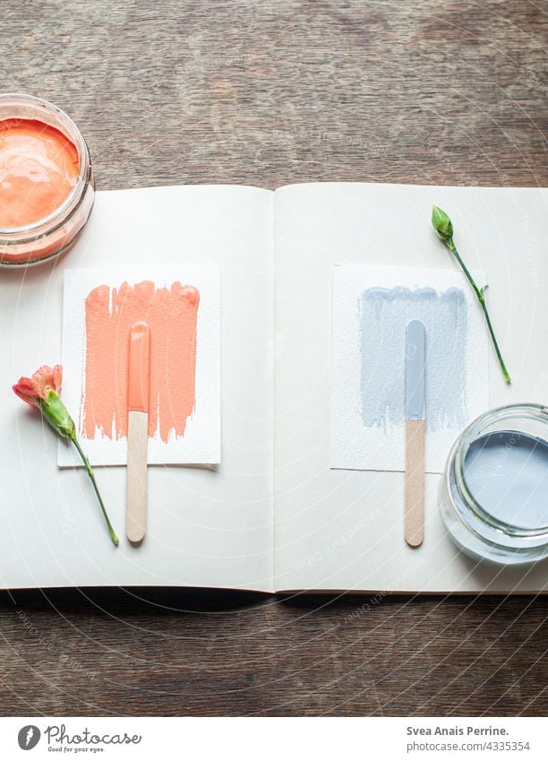 orange & light blue Colour wall paint Painting (action, artwork) Orange Light blue Blue Wood Wooden table flowers flatlay colour design Book Creativity