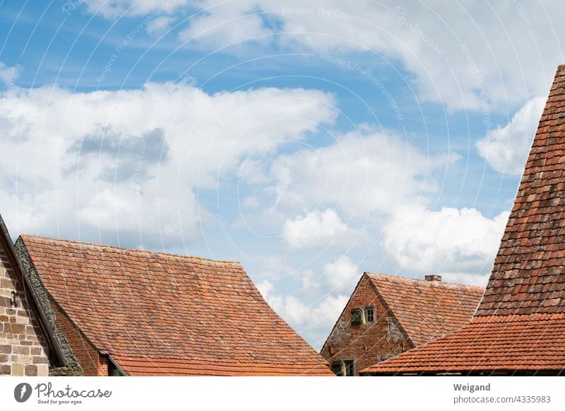 Old tile roofs brick Red Sky Roof Summer Blue Clouds Village Nostalgia Historic