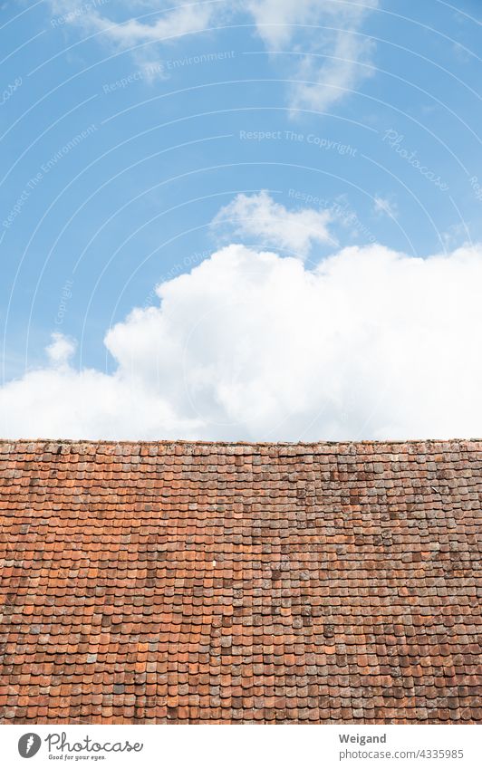 Roof with tiles against blue sky Old Nostalgia vintage brick country lust Red Blue Sky Clouds Summer Hohenlohe Half-timbered house Sun