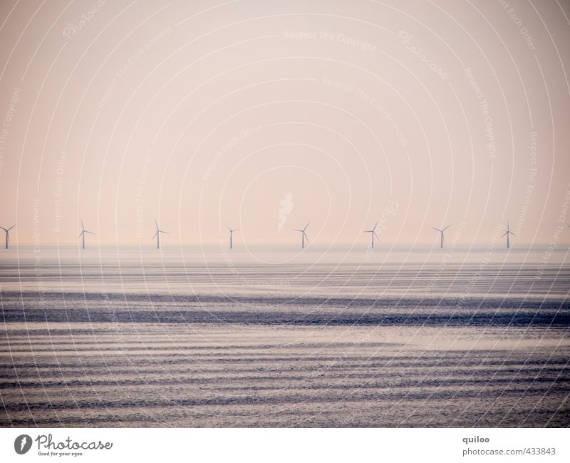 windmills Renewable energy Wind energy plant Water Coast Ocean Fresh Warmth Brown Black Power Calm Loneliness Advancement Horizon Network Symmetry