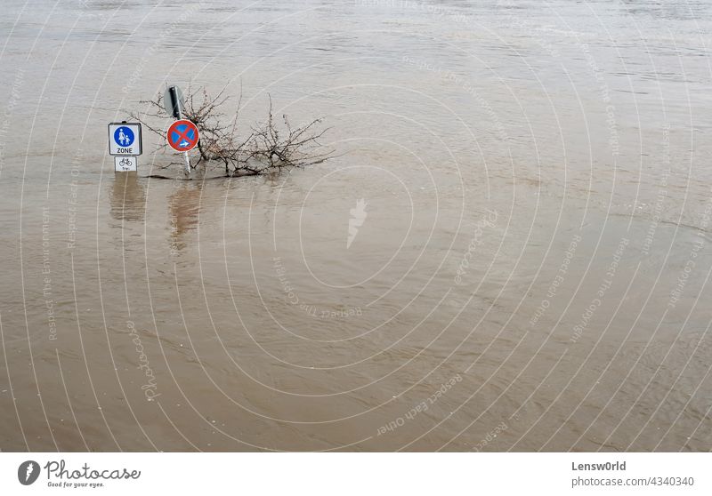 Extreme weather: road signs in a flooded pedestrian zone in Cologne, Germany climate climate change cologne disaster extreme weather flooded street