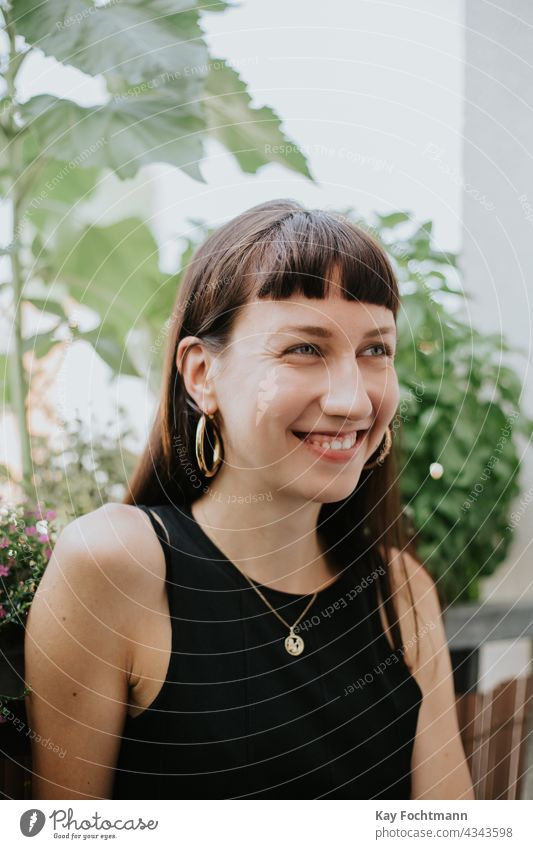 portrait of beautiful brunette woman laughing attractive black casual cheerful confidence cute ethnicity expression face female funny hair happiness happy