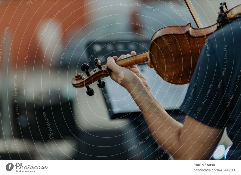 Rear view man playing violin Violin Violinist Music Musician Musical instrument Concentrate Concert Stage Close-up Wood Make music Listen to music