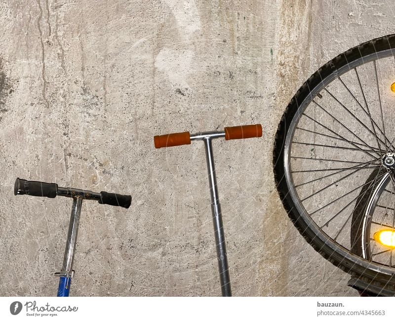 basement stories. Cellar Wall (building) scooter Tire Bicycle Wheel Spokes Means of transport Detail Colour photo Deserted Transport Bicycle tyre Mobility Old