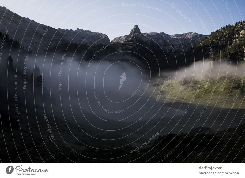 6.00 am: Funtensee in the morning mist at Könnigsse Environment Nature Landscape Plant Elements Sun Summer Weather Beautiful weather Fog Hill Rock Alps Mountain