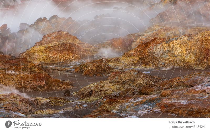 Geothermal area in Iceland, steam rising from the ground geothermal area Sulphur Volcano Volcanic stone Lava seething Hot Source Landscape Nature Environment