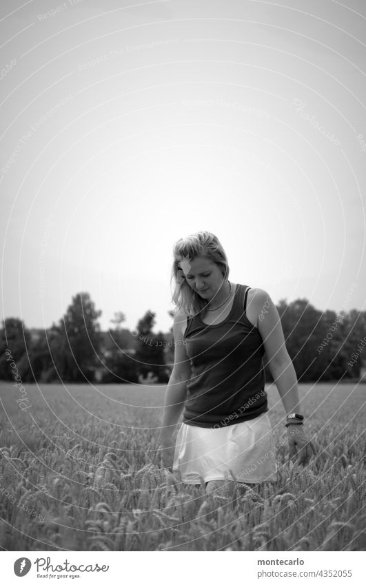 A young woman in the cornfield | without bed Young woman Cornfield naturally Grain Blonde Human being Feminine 30 - 45 years Life Authentic Exterior shot Moody