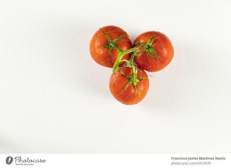 top view of cluster of tomatoes with drops on white background red copy space 3 bunch above ripe circle nourishment diet object clean nature freshness market