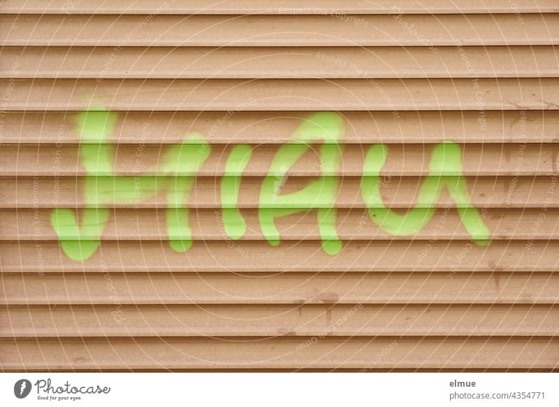 MIAU someone sprayed in light green on a beige garage door / graffito Meow Rolling door Garage Roller garage door Graffito Graffiti Bright green Daub Art