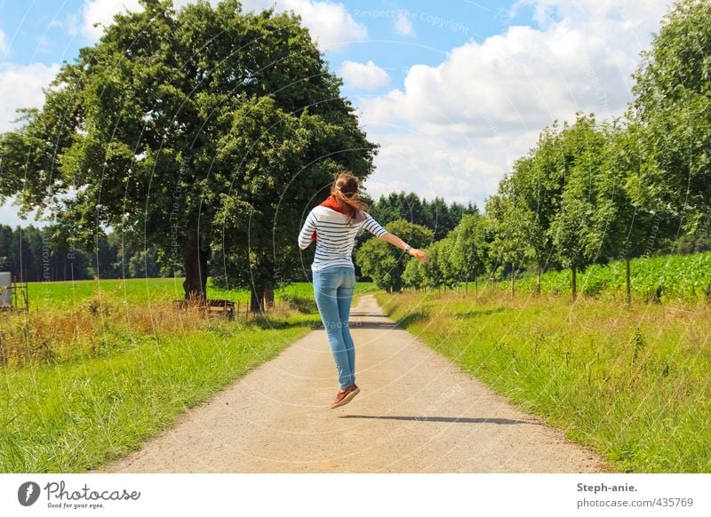 . Feminine Young woman Youth (Young adults) 1 Human being Landscape Clouds Summer Beautiful weather Meadow Rotate Jump Hiking Green Contentment Lanes & trails