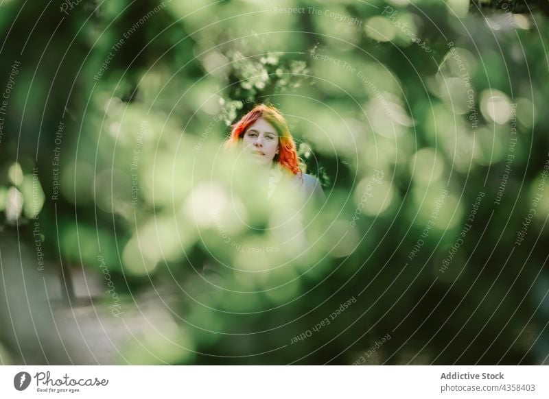 Carefree woman with ginger hair relaxing in garden carefree park dreamy chill tender zen summer redhead female nature red hair weekend calm peaceful serene