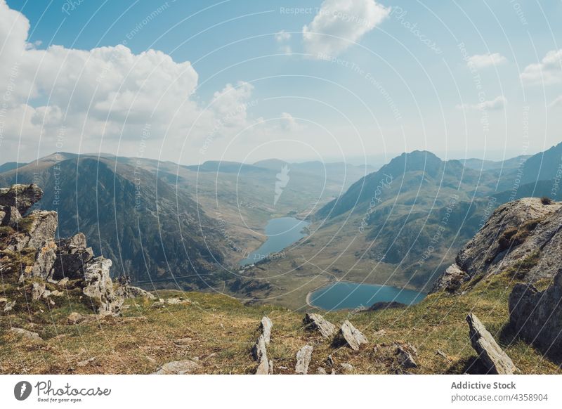 Scenic view of lakes and mountains under blue sky landscape highland pond scenery rocky ridge range picturesque wales united kingdom uk great britain water hill