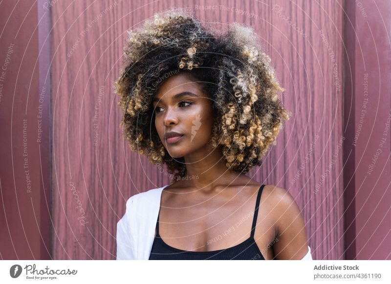 Stylish black woman standing near colorful door style cool confident self assured millennial charismatic personality serious female staircase young afro jeans