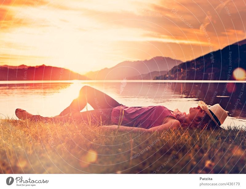 just sleep Woman Girl Lie Sunset Sleep Dream Meadow Lake Water Lakeside Beach Light Reflection Lighting effect Evening Calm Motionless Relaxation Peace Nature