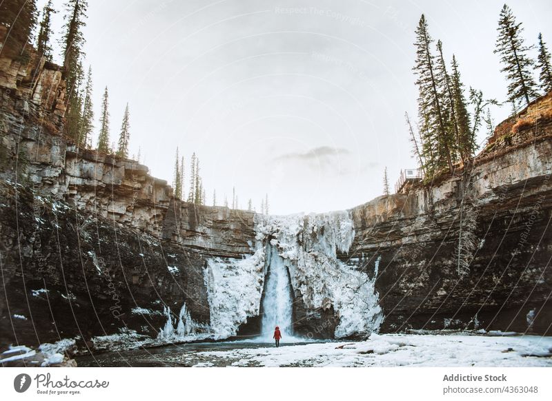 Traveler near waterfall in winter traveler admire cliff snow cold nature trip season crescent falls banff national park alberta canada tourist stream tourism