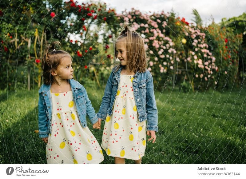 Little girls standing near blooming bush in park flower summer kid little dress cute blossom toddler child female denim nature adorable childhood garden flora