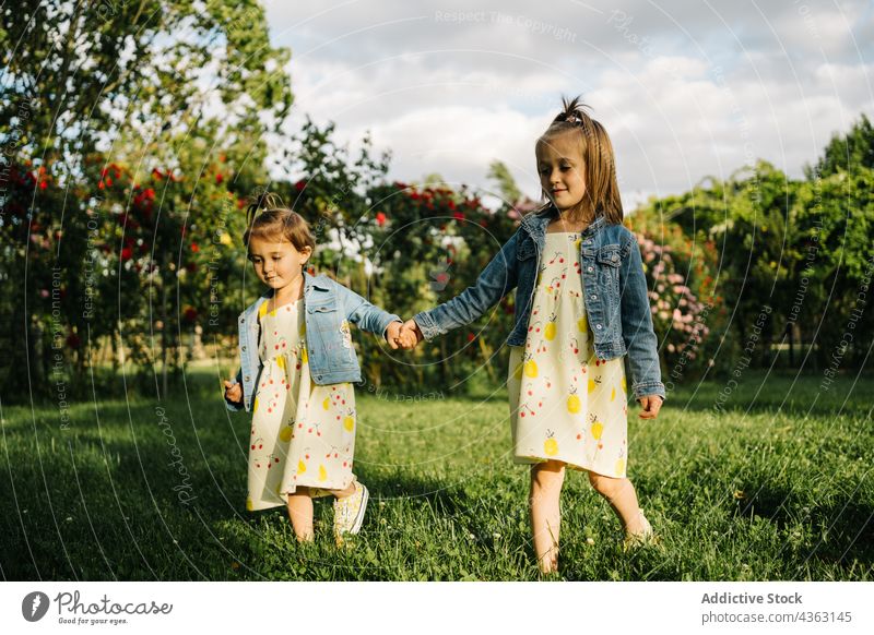 Little girls standing near blooming bush in park flower summer kid little dress cute blossom toddler child female denim nature adorable childhood garden flora