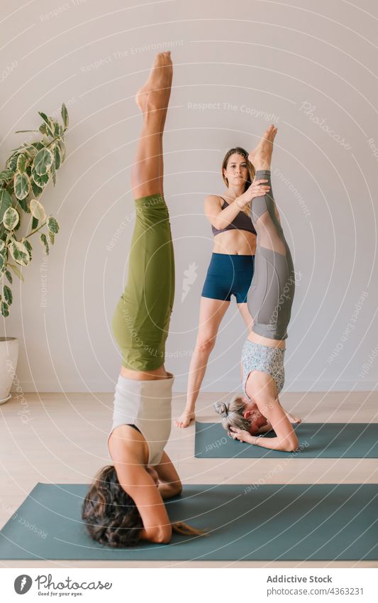 Trainer helping woman practicing yoga during class instructor practice balance asana trainer women together female supported headstand pose position