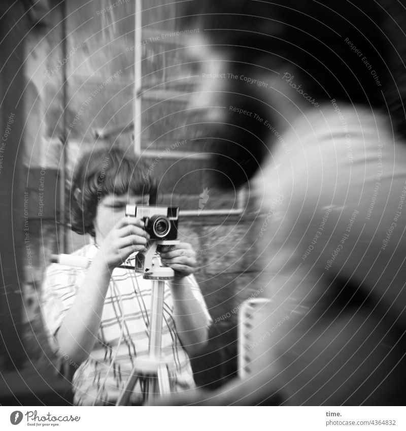 The photographer and his assistant Boy (child) Man Take a photo Tripod Analog look Wall (building) Stone Focus on Shirt Beard Movement Dynamics Fire ladder