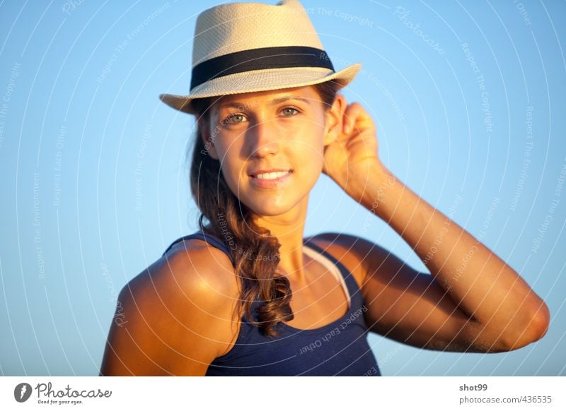 Woman with hat at the beach of Venice Beach Hat Looking Smiling Relaxation To enjoy Tank top Blue Vacation & Travel California Los Angeles USA Water Sand