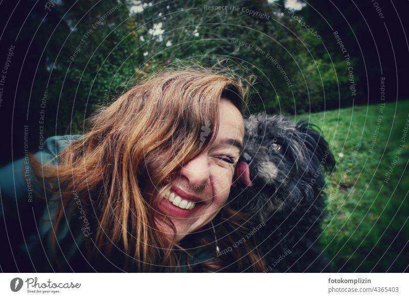 Pumi dog licks face of a laughing woman Dog Woman Love of animals Pet proximity Contact Affection tenderness Trust Human being Friendship Touch Together