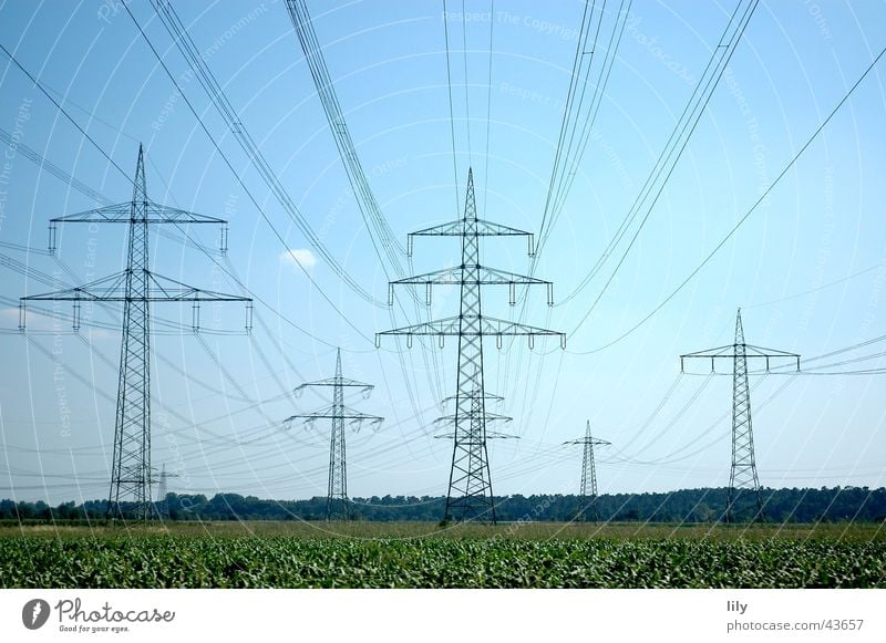 mast landscape Electricity Electricity pylon Green Meadow Blue Sky