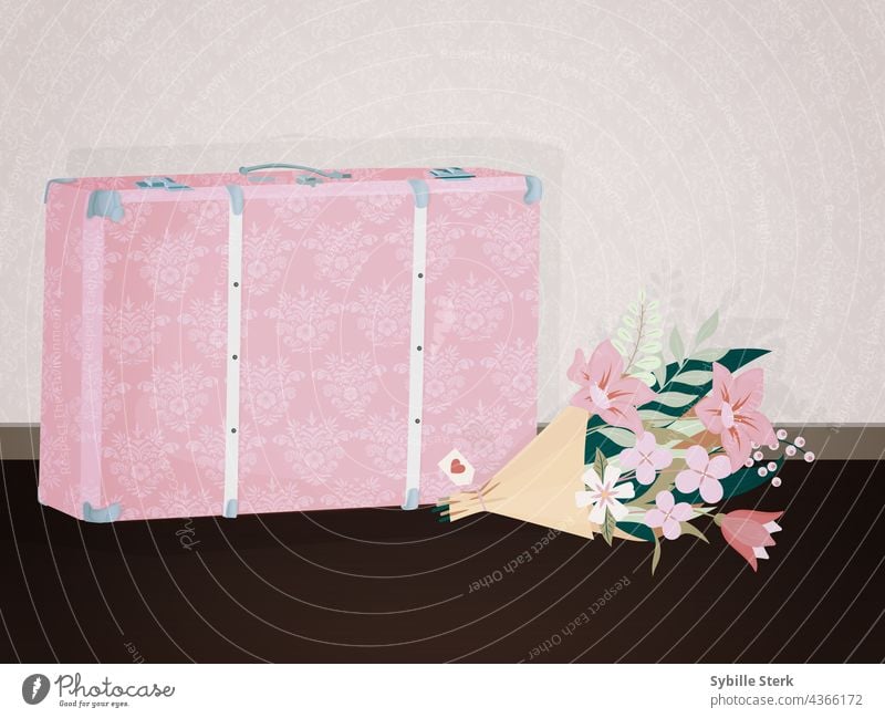 Pretty pink suitcase with bridal bouquet bride honeymoon travel flowers hotel room wedding wedding night love romance Bride Bride groom Matrimony