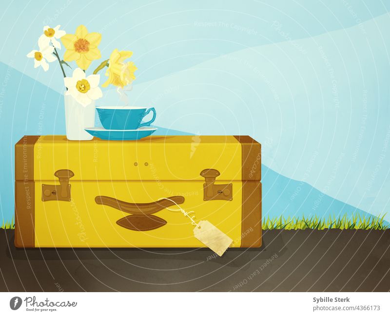 Suitcase with cup of tea and a vase with daffodils suitcase travel tea cup tag sky travelling trip essentials happiness mountains grass road on the road Tea cup