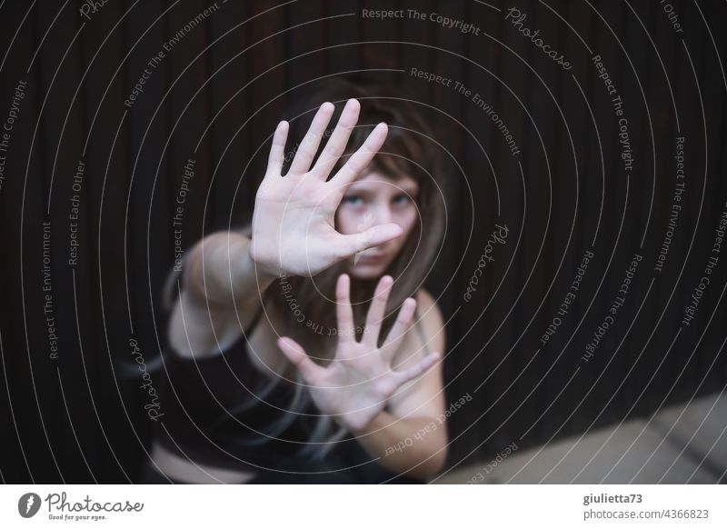 Portrait about violence against women | No - Stop - Halt! | Teenage girl with hands up, trying to stop the violence Girl Young woman Youth (Young adults) 1