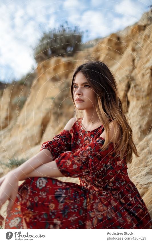 Elegant woman in dress on sandy hill summer elegant tranquil peaceful charming beauty female maxi long calm nature carefree serene harmony enjoy freedom