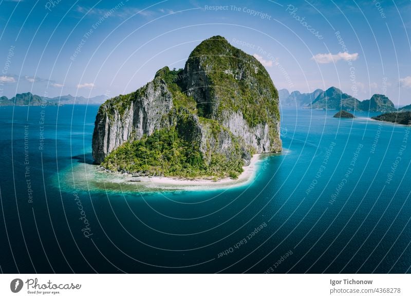 El Nido, Palawan, Philippines. Impressive aerial drone above view of unique Pinagbuyutan Island. El Nido village in background palawan philippines pinagbuyutan