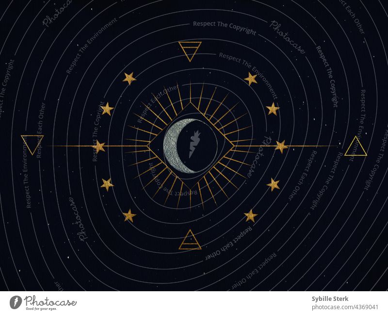 Symbols with stars, moon, sun and alchemical designs on starry background silver gold starry sky symbols alchemy magic magical fire water air earth elements