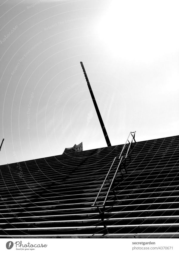 change of perspective Hamburg Port of Hamburg climb stairs Stairs Black & white photo Contrast Exterior shot Deserted Day Sky Tourist Attraction rail Tall Above