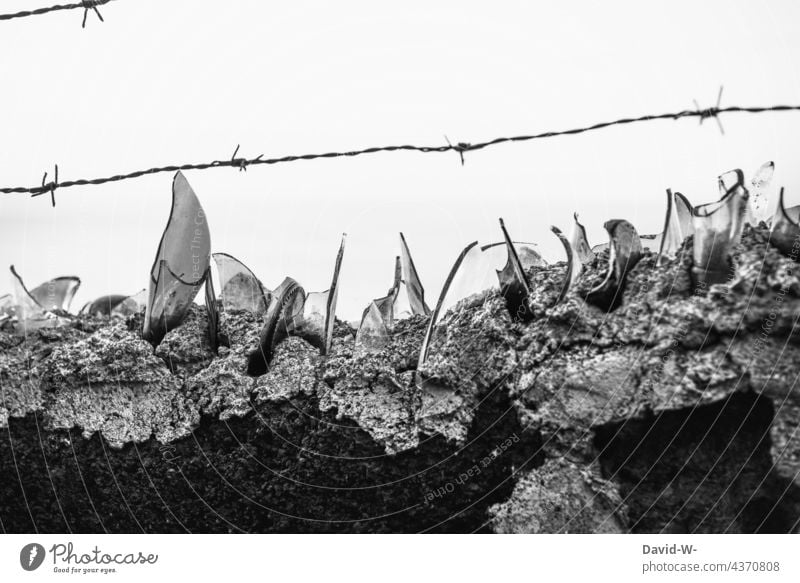 Wall with barbed wire Barbed wire cordoned off jail Wall (barrier) Captured captivity Border Barrier Threat Fence penned Barbed wire fence